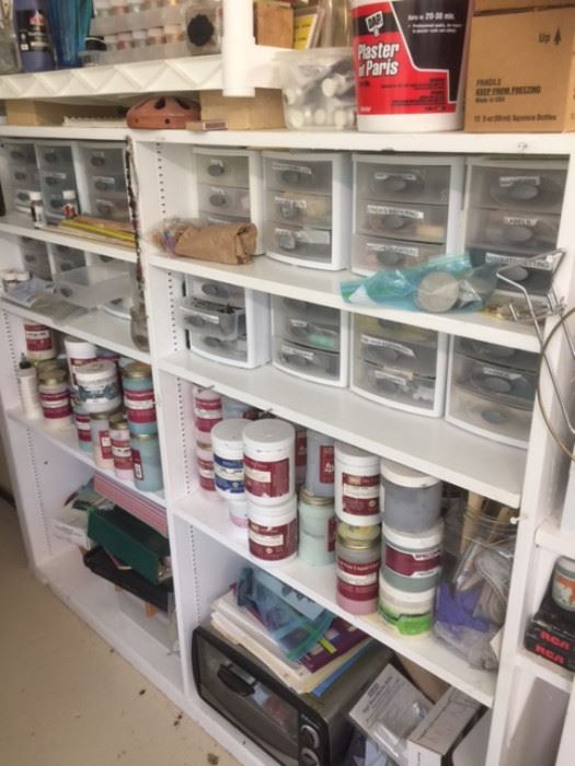 Pottery Glaze, hand tools cabinets, shelving, Plaster of paris, crafting supplies