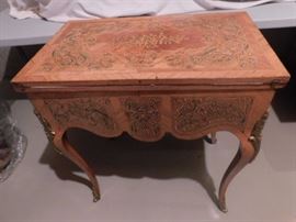 Antique Maple with Pecan finish  Inlaid Veneer game table with brass embellishments
