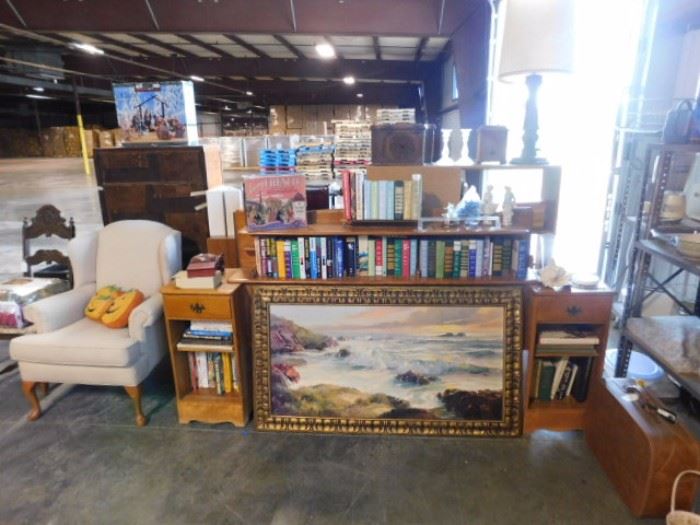 Hard back and soft back books, arm chair plus side tables