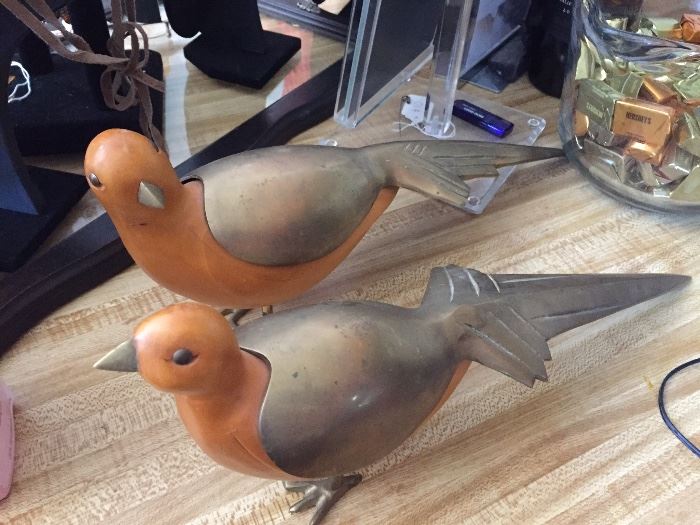 Pair of wood birds with metal