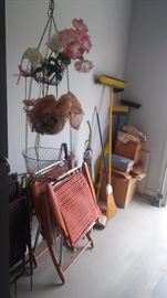 Patio furniture, brooms