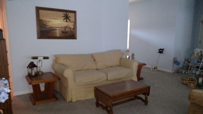 Couch, coffee table with fold down sides, pair of end tables