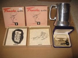Playboy items i.e. napkins in original box, Playboy key, mug