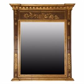 La Barge Directoire Mirror: A La Barge Directoire style wall mirror. This large and impressive piece has architectural detailing to the top with a carved gilt frieze of over a large foliate swag to the center. The frame has pilasters to each side with carved acanthus leaf capitals and bases.