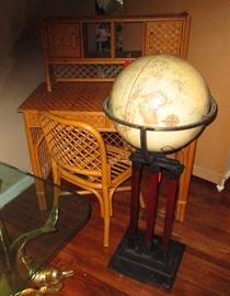 Ratan chair and desk with globe of the world