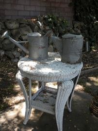 WICKER TABLE, VINTAGE WATERING CANS