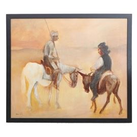 Harold Wood Oil Painting on Board featuring Don Quixote: An oil painting on board featuring the Cervantes character Don Quixote by British artist Harold Wood (1918-2014). The painting features a depiction of the famous character riding on a white horse with his companion Sancho riding a mule. Rendered in a naturalistic palette on a warm earth tone ground. Presented in a black painted wood frame.