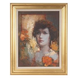 Bohuslav Barlow Oil Painting "Karen": An oil painting on board titled Karen by Czech born British artist Bohuslav Barlow ( b.1947). Featured is an impressionistic style portrait of a young woman rendered in a naturalistic palette set in an abstract surrounding with floral and architectural elements in a primarily orange and blue palette. The work is signed to the lower right and dated "98. Presented in modern gilt and linen frame. Title and informational sheet to verso.