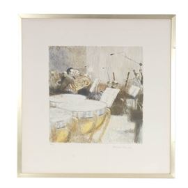 Bernard Dunstan Limited Edition Lithograph: A limited edition lithograph by listed British artist and teacher Bernard Dunstan (b.1920). The work features an expressionistic rendering of an orchestra rendered in a neutral palette with yellow accents. The print is numbered 90/350 to the lower left margin in pencil and signed to the lower right margin in pencil. Presented in a silver tone metal frame and under glass with a wire to verso for hanging.