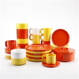 1964 Italian Heller Melamine Dishware: A 1964 collection of Massimo Vignelli melamine dinnerware. This set was designed to be stackable, durable and compact. The group was manufactured in Italy, where is was the winner of the prestigious Compasso d’Oro award for innovative design. The set was produced in primary colors by the Heller company, later production was moved to the United States. This selection has marks reading "Heller Massimo Vignelli Made in Italy ".