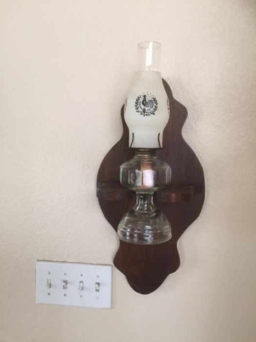 Oil Lamp mounted in wood wall hanger