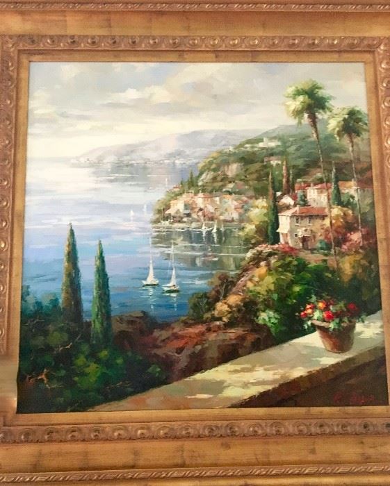 Large oil paintings with artist signature and decorative gold frames