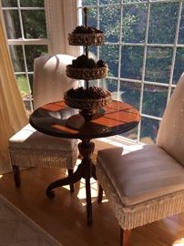 Ethan Allen slipper chairs with custom upholstery and round tilt top table