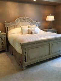King bed frame with matching side chests, dresser and armoire