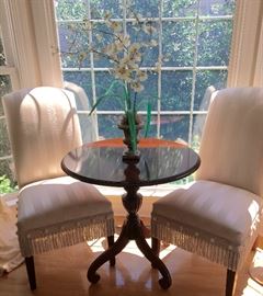 Ethan Allen slipper chairs with custom upholstery and round tilt top table