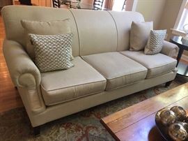 Soft ivory color sofa and a pair of matching chairs by Bassett, like new!