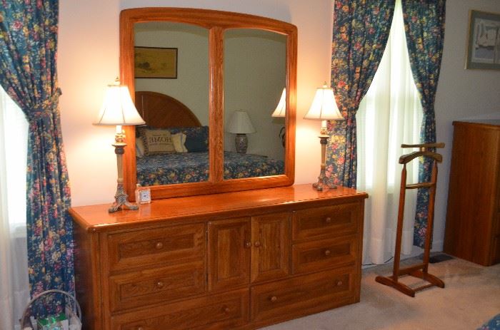 Gorgeous Matching Bedroom Suite includes: Double Door 4 Drawer Armoire, Double Mirror Dresser with 6 Drawers and Center Double Doors, 2 Double Drawer Night Stands/Lamp Tables, with 6 Drawer Chest  and beautiful Arched Headboard!