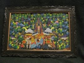 Balinese painting in hand-carved wood frame, from Indonesia