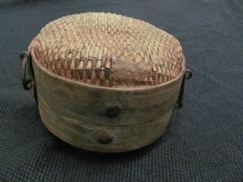 Antique reed and wooden round rice basket, split, on hinges, from Korea, 6 X 5