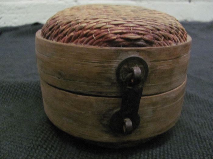 Antique reed and wooden round rice basket, split, on hinges, from Korea, 6 X 5
