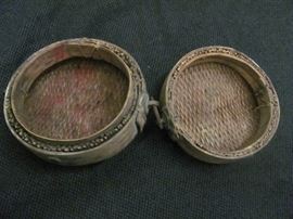 Antique reed and wooden round rice basket, split, on hinges, from Korea, 6 X 5