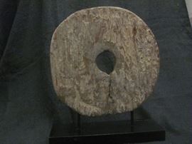 Antique Mandalay period wooden ox wheel on stand, 1800s, from Burma, 15 X 12 X 4.5, 12 " radius