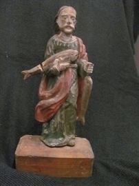 Antique wooden polychrome saint of Joseph, holding two fish, from Mexico.  12.5" tall