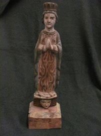 Antique wooden polychrome Madonna santo, standing on a head, on stand, from Mexico 17" tall