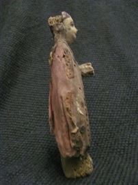 Antique pair of hardwood, pocket-sized carved figures, St. Anthony and St. Francis, from Paraguay missions, 1500s - 1600s, 3 x 1.5 x 1 