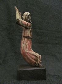 Antique wooden polychrome saint/angel with arms upward, on stand, uncertain origin