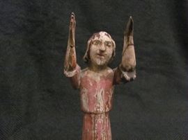Antique wooden polychrome saint/angel with arms upward, on stand, uncertain origin