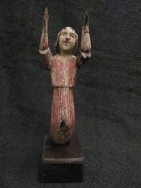 Antique wooden polychrome saint/angel with arms upward, on stand, uncertain origin