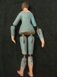 Brazil Santo: Antique wooden polychrome blue and white painted saint, glass eyes, moving joints, from Brazil, 15" H