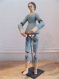 Brazil Santo: Antique wooden polychrome blue and white painted saint, glass eyes, moving joints, from Brazil, 15" H