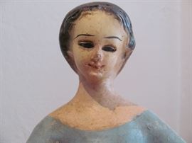 Brazil Santo: Antique wooden polychrome blue and white painted saint, glass eyes, moving joints, from Brazil, 15" H