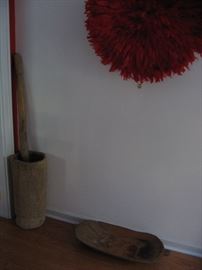 Antique wooden Native American grinding mortar (carved from cypress tree trunk) and wooden grinding pestle (Seminole). Vessel - 23 X 11, Pestle - 48 X 2.5