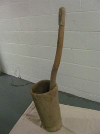 Antique wooden Native American grinding mortar (carved from cypress tree trunk) and wooden grinding pestle (Seminole). Vessel - 23 X 11, Pestle - 48 X 2.5