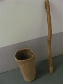 Antique wooden Native American grinding mortar (carved from cypress tree trunk) and wooden grinding pestle (Seminole). Vessel - 23 X 11, Pestle - 48 X 2.5