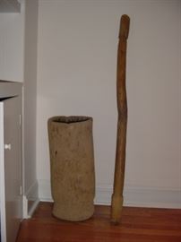 Antique wooden Native American grinding mortar (carved from cypress tree trunk) and wooden grinding pestle (Seminole). Vessel - 23 X 11, Pestle - 48 X 2.5