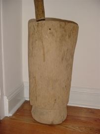 Antique wooden Native American grinding mortar (carved from cypress tree trunk) and wooden grinding pestle (Seminole). Vessel - 23 X 11, Pestle - 48 X 2.5