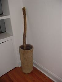 Antique wooden Native American grinding mortar (carved from cypress tree trunk) and wooden grinding pestle (Seminole). Vessel - 23 X 11, Pestle - 48 X 2.5
