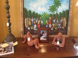 Orignal Ella Tulin sculpture proofs, Haitian painting, Indian candle holder