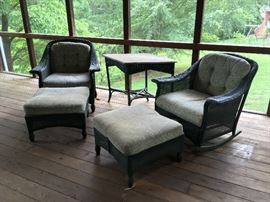 Lloyd Flanders wicker furniture, rocker and ottoman, chair and ottoman, vintage wicker table