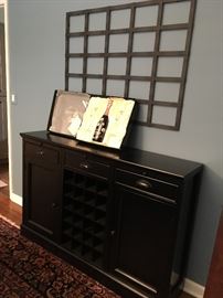 Pottery Barn modular bar/buffet, metal artwork