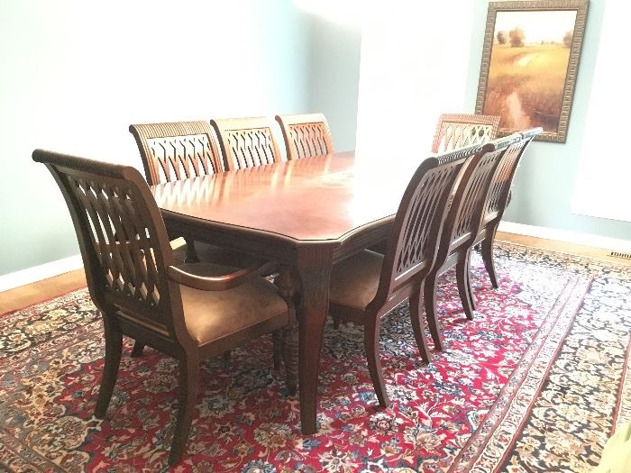Bernhardt dining table with 2 leafs and 8 chairs, imported, hand knotted wool rug-this rug has sold