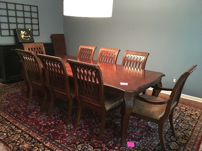 Bernhardt dining table with 2 leafs and 8 chairs, imported, hand knotted wool rug, this rug has sold,Pottery Barn modular bar/buffet