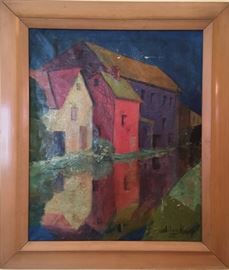 Houses Reflected....a Signed Oil Painting.  18x20.