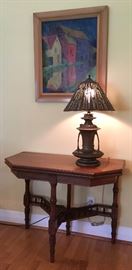 Victorian Game Table; Table Lamp with Hand Pierced Tin "Iris" Shade