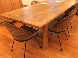 Pine Gathering Table: Set of 6 Wicker and Iron Chairs