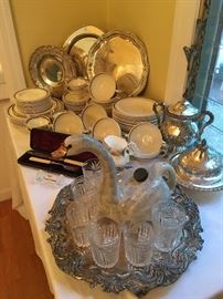 Southern Cut Glass Whiskey Tumblers and Swan Server; Wedgwood Queensware Dish Set for 12-; Unusual American Silverplate